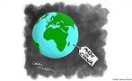 Nesta charge, vê-se a terra a partir do espaço, com uma etiqueta pendurada, em que se lê "Feito na China". <br/> <br/> Palavras-chave: economia global, globalização, mercado.