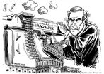 Bush, Guerra do Iraque e Casa Branca. Na charge o presidente dos EUA atira com uma metralhadora utilzando balas que saem da Casa Branca. <br/> <br/> Palavras-chave: poder, poltica, ideologia, guerra do Iraque, Bush, EUA, Estados Unidos.